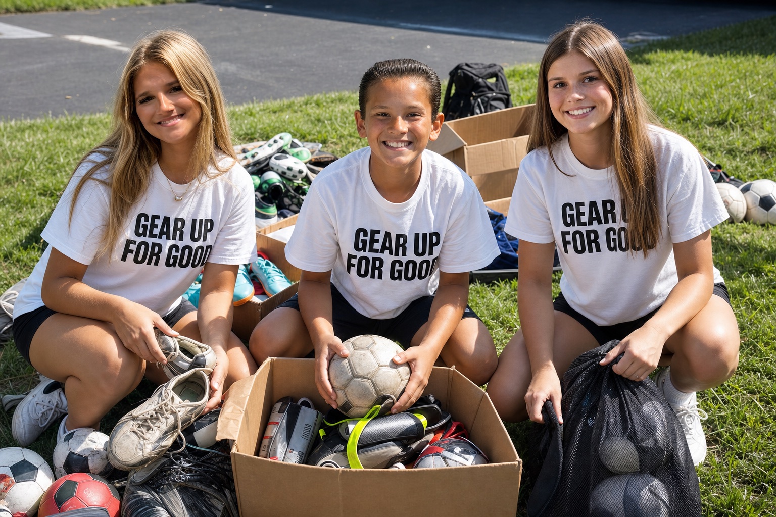 Alexa, Brielle, and Cooper sit with donated youth sports equipment at a Gear Up For Girls collection